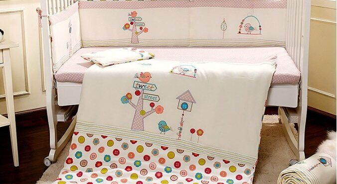 Promotion! 7PCS embroidery Crib Baby bedding set cotton bed around crib set baby bed set ,include(2bumper+duvet+sheet+pillow)