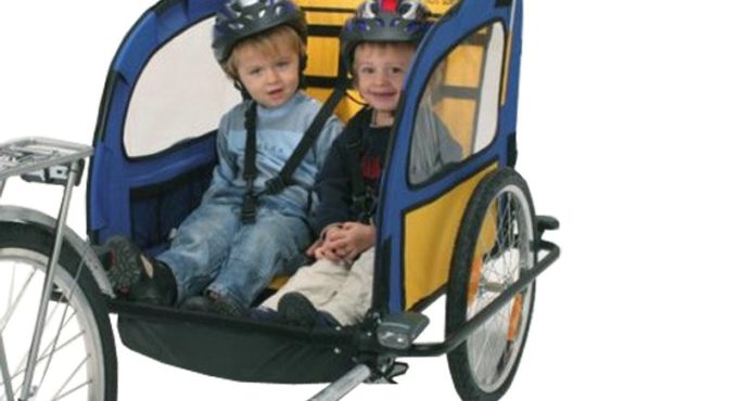 2 in 1 Twins Bicycle Trailer, Aluminum Alloy Frame 20Inch Kids Bike Cargo with Rain Cover, Foldable Children Wagon