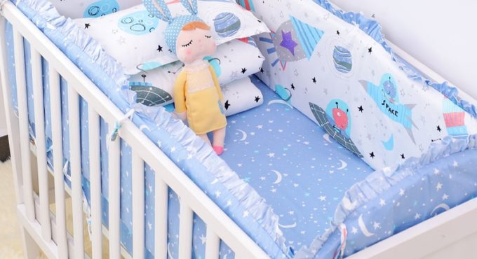 6pcs/set Blue Universe Design Crib Bedding Set Cotton Toddler Baby Bed Linens Include Baby Cot Bumpers Bed Sheet Pillowcase