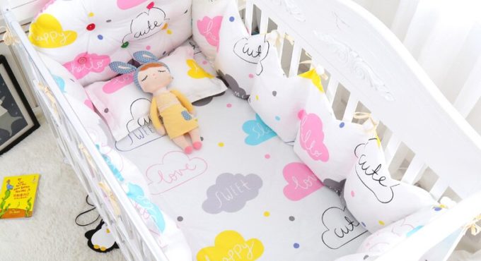 10 pcs Cozy Clouds Baby Appease Bedding Set Cotton Crib Bedclothes Include Crown Bumpers Bed Sheet Quilt Pillow Hanging Bag