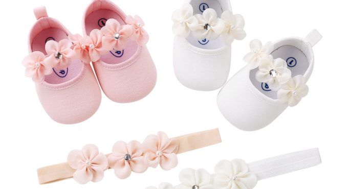 New Pure Color Baby Girls First Walkers Lace Flower Headband Baby Shoes Infant Princess Shoes