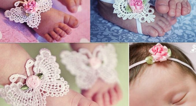 BalleenShiny 3PCS Flower Headband Baby Girls Barefoot Sandals Hair Foot Accessories Elastic Fashion Foot Decoration Kids Gift