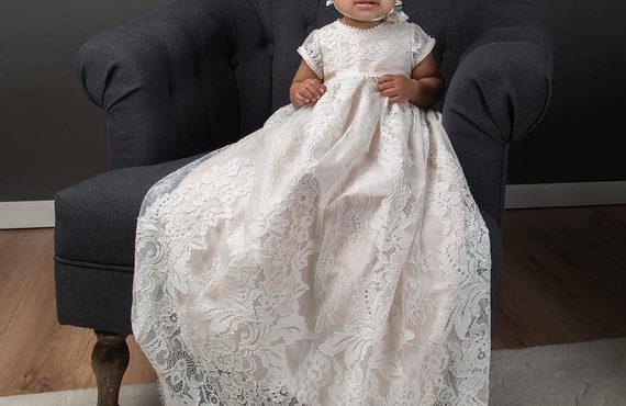 Heirloom Luxury Infant Girls Baptism Dress Christening Gown Lace Short Sleeves Baby Girls Boys Long Christening Gown 0-24M