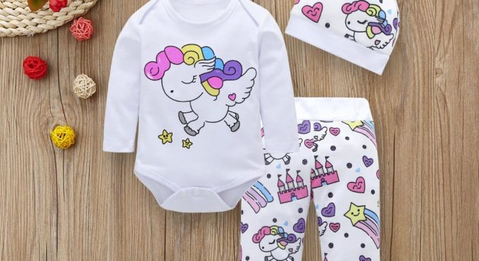 Newborn Infant Baby Girl Clothes Sets Unicorn Pegasus Star Castle Tops+Pants+Hat+Headband 4PCS Infant Baby Girl Clothing Outfits