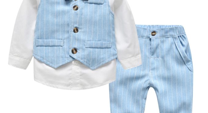 Top and Top Spring&Autumn Baby Boy Gentleman Suit White Shirt with Bow Tie+Striped Vest+Trousers 3Pcs Formal Kids Clothes Set