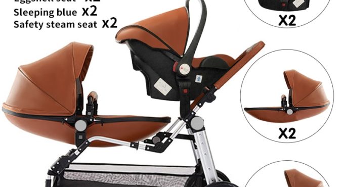 Babyfond Leather Egg Shell Twins Stroller 3 in 1 High Landscape Stroller Folding Double Baby Pram Free Shipping Two Bassinets