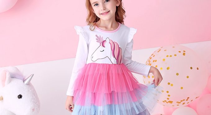 VIKITA Girls Princess Dresses Kids Cartoon Vestidos Children Autumn Dress Kids Dress for Girls Long Sleeve Unicorn Dresses