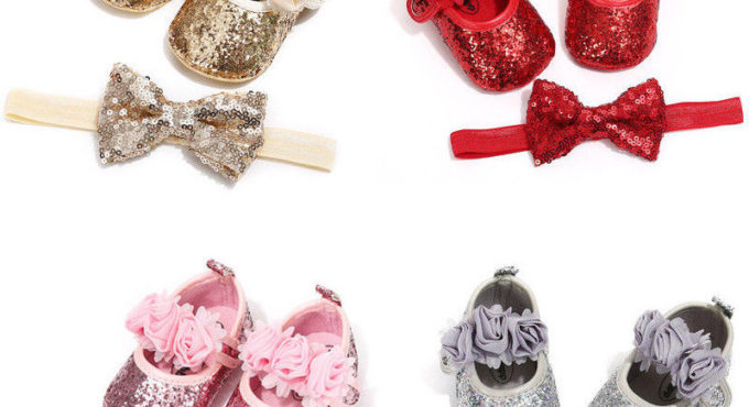 Bowknot Sequins Baby Girls Shoes Infant Newborn Princess Shoes First Walkers + Hairband Baby Girl Birthday Party Shoes