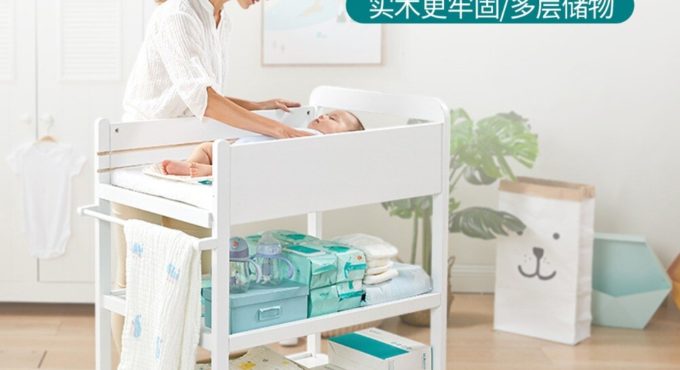 Newborn diaper table solid wood care table storage storage multi-function change diaper table with roller easy to move