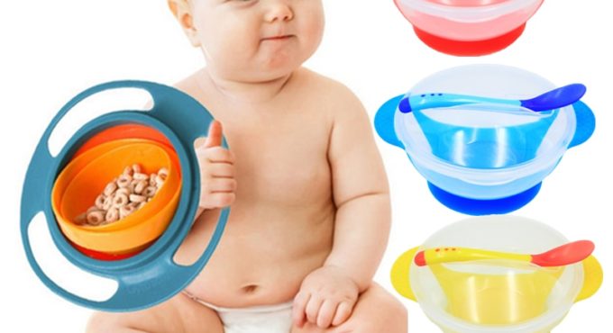 Universal Gyro Bowl Children's Tableware Baby Learning Dishes With Suction Cup Temperature Sensing Spoon Baby Feeding Bowl