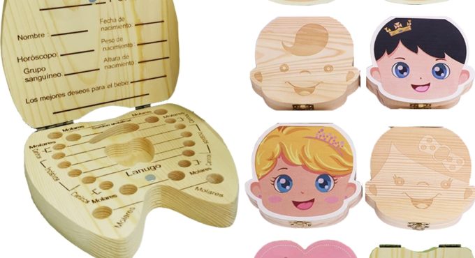 English/Spanish Wooden Baby Tooth Box Organizer Milk Teeth Storage Umbilical Lanugo Save Collect Baby Souvenirs Gifts