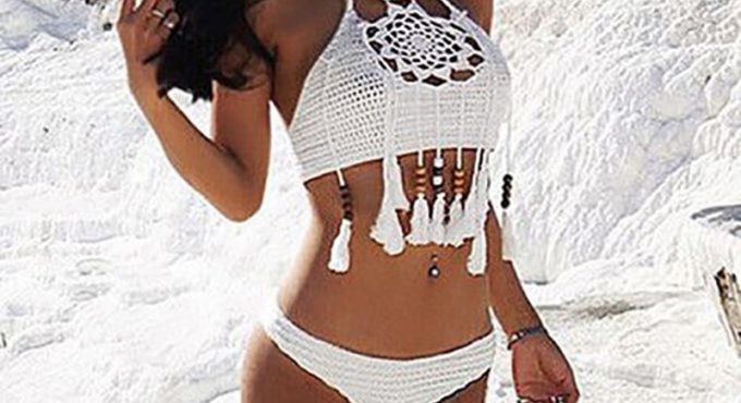 CROCHET BIKINI Sexy Halter Tie Knitting New Beach Swimwear Halter Beaded Tassel Crop Top Brazil Bikini Swimsuit Bathing Suit