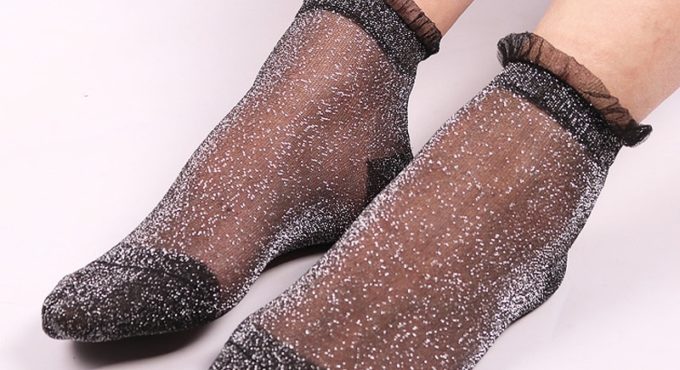 5Colors Lace Socks Summer Shiny Crystal Glass Silk Thin Ankles Short Sock Transparent Glitter Elastic Sox Maternity Women's Sock