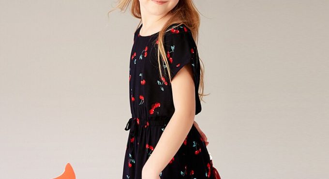 Girl's broken flower dress summer dress children's short sleeves children's cotton dress dark blue