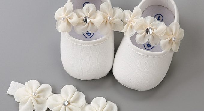 Headband Cotton Soft Sole Flower Shoes Set For Newborn Baby Girl Christening bed Shoes Baptism Fille Cute Ivory First Walkers