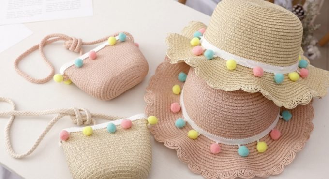 Bear Learder Girl Hat 2021 Summer Cap Breathable Straw Hats Colorful Ball Sweet Princess Hat Seaside With Bag Kids Hats 2-6Y