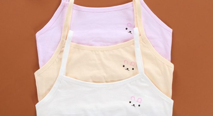 Teenage Puberty Girls Solid Color Double Layer Underwear Bra Spaghetti Strap Cute Cartoon Rabbit Bralette Summer Basic Crop Top