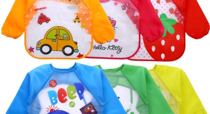 Cute Baby Bibs Waterproof Full Sleeve Cartoon Animals Kid Apron Smock Bib Burp Eat Toddler Feeding Bibs Baberos Bavoir Clothing