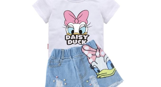 Girls Outfits Cartoon Duck Printed Summer Shirt&Sequins Broken Hole Denim Shorts Toddler Girls Clothing Set Children Clothes