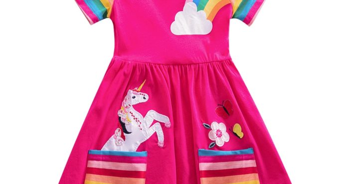 Girl short-sleeved unicorn dress pony cartoon dress printed embroidered cotton round neck dress for girls kids summer dress