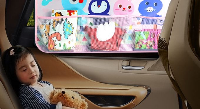 Car Side Window Sunshade Curtain Cartoon Adjustable UV Protection Curtain Sun Visor Blinds Cover With Storage Pocket For Baby