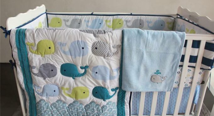 Cute Whale Baby Crib Nursery Bedding Set Quilt Skirt Sheet Blanket Bumper Gifts Lovely Beeding Sets For Newborn Baby