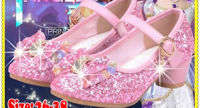 Princess Kids Leather Shoes for Girls Flower Casual Glitter Children High Heel Girls Shoes Butterfly Knot Blue Pink Silver