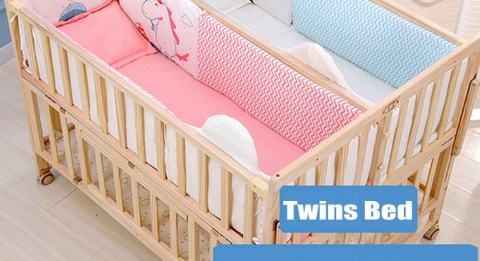 Multifunctional Pine Wood Twins Cot With Quilt Set & Mosquito Net, Crib Can Extend and Joint Adult Bed