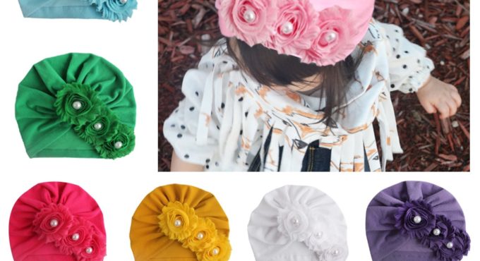 New Infant Newborn Caps with Pearl Chiffon Flowers Cotton Blend Kont Turban Girls Stretchy Beanie Hat Baby Hair Accessories