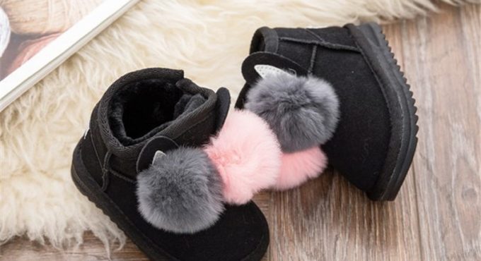 DIMI 2021 Winter Baby Girl Boots Rabbit Hair Ball Infant Toddler Cotton Shoes Non-Slip Warm Plush Child Snow Boots For Girl