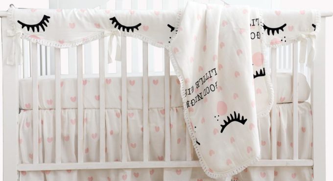 4pcs Blush Coral Pink Ruffle Crib Bedding Set Baby Girl Bedding Blanket Nursery Crib Skirt Baby Girl Crib Bedding Sheet(Heart)