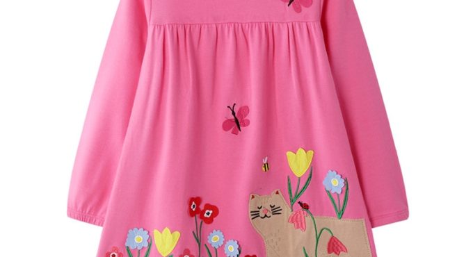 Cat Applique Girls Dresses Cotton Princess Long Sleeve Baby Dress Animals Children Costume Party Cute Girls Dresses