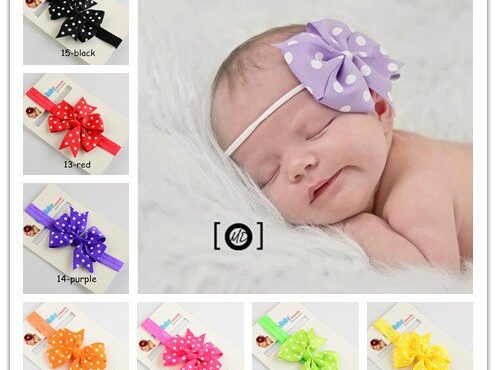 solid color baby 1cm nylon elastic headbands hair bands with 8cm dots grosgrain bow infant headwear girls hair accessory 120pcs