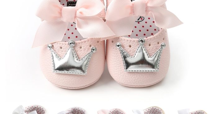 Baby Shoes Girl Princess Bling Crown Bowknot Toddler PU Rubber Sole Anti-slip First Walkers Infant Newborn Crib Shoes Moccasins