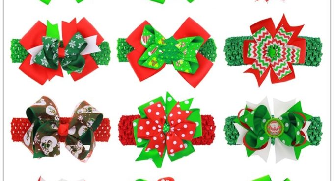 Children Christmas Headband Red Green Hair Bows Kids Hair Clip Lovely Christmas Ribbon Bow Baby Girl Photo Prop HB114S