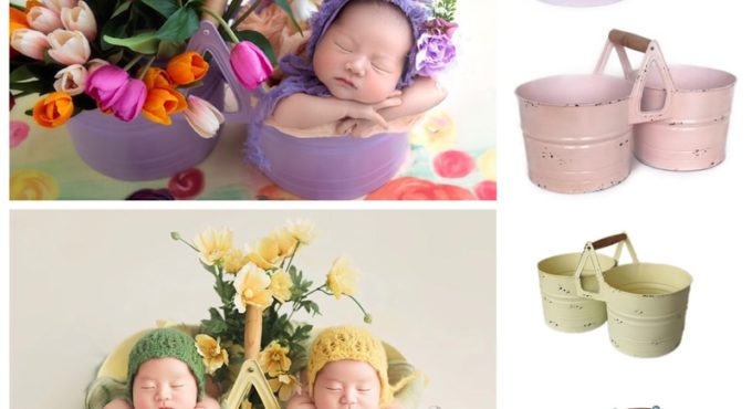 Iron Flower Bucket Newborn Photography Props Twins Baby Girl Boy Photoshoot Studio Posing Floral Basket fotografia Accessories