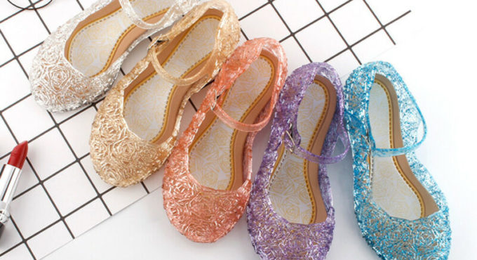 Kids Girl Fancy Crystal Jelly Shoes Up Cosplay Sandals Princess Frozen Elsa Cosplay Party Dance Shoes Hollow Out Candy Shoes