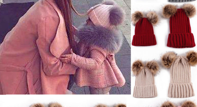 Hot Selling Kids Baby Boy Girl & Mom Winter Knit Warm Soft Beanie Hat Hairball Cap for Adult Children Family Matching Caps Hats