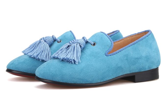 Piergitar sky blue suede same men loafers design children tassel loafers parental shoes party kids smoking slippers red bottom