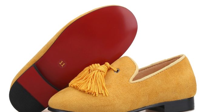 Piergitar handmade gold cow suede children tassel loafers parental shoes party and birthday kids's smoking slippers red bottom