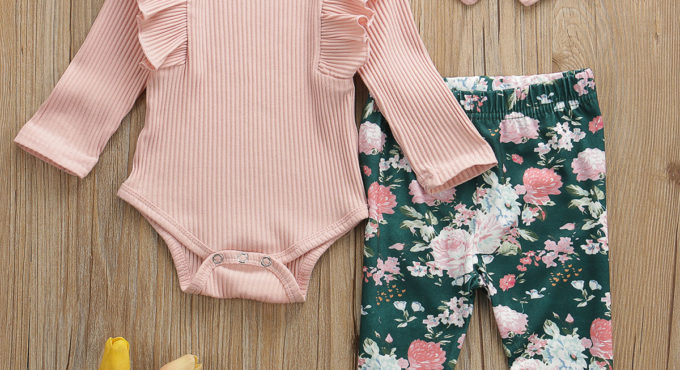 Pudcoco Newborn Baby Girl Clothes Solid Color Knitted Cotton Romper Tops Flower Print Long Pants Headband 3Pcs Outfits Clothes