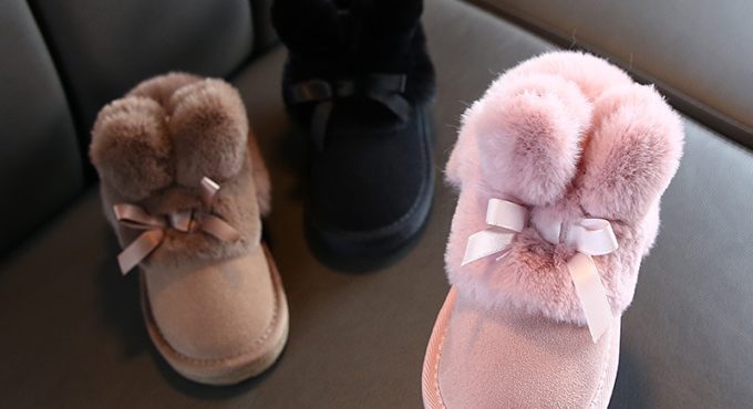 Rabbits Ears Boots Girls Suede Toddler Winter Boots Warm Fur Winter Shoes for Girl Bow Band Baby Snow Boots Kids Footwear C11181