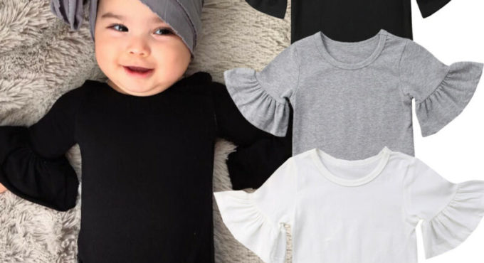 0-24M Newborn Baby Girl Flare Sleeve Solid Black White Grey Casual Romper Jumpsuit Outfits Baby Clothes Summer kids Suit