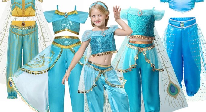 Girls Jasmine Dress Up Clothes Kids Carnival Party Supplies Arabian Princess Blue Green Princess Fancy Girl Halloween Costume