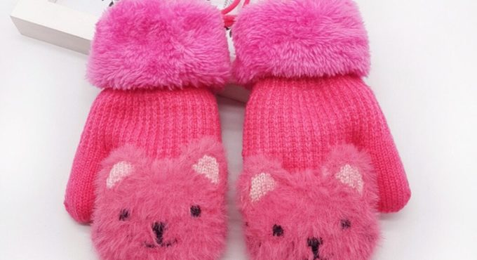 Children Kids Baby Mittens 2021 New Fashion Boys Girls Winter Cartoon Beer Patchwork Color Warm Knitted Gloves For Newborns