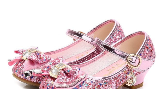 Princess Kids Leather Shoes for Girls Flower Casual Glitter Children High Heel Girls Shoes Butterfly Knot Blue Pink Silver