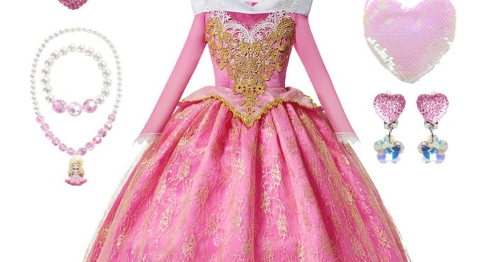 Girls Sleeping Beauty Aurora Dress Long Sleeves Off Shoulder Lace Robe Kids Gorgeous Christmas Gift Fancy Princess Party Outfits