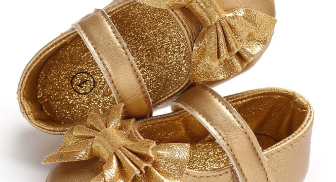 Newborn Baby Girl Sneakers Toddler Butterfly knot Sequins Infant Princess Girls Leather Shoes Soft bottom First Walker Golden