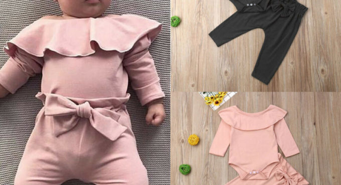 2Pcs Toddler Kids Baby Girl Ruffle Bodysuit Romper Top Solid Bowknot Pants Trousers Autumn Cotton Long Sleeve Outfit Clothes Set