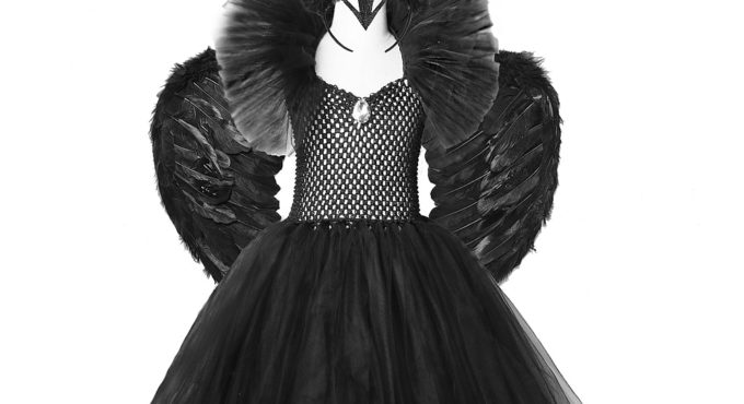 Solid Black Halloween Costumes Kids Girls Tutu Dress Ankle Length Dresses Devil Costume Cosplay Outfits Horns Wings